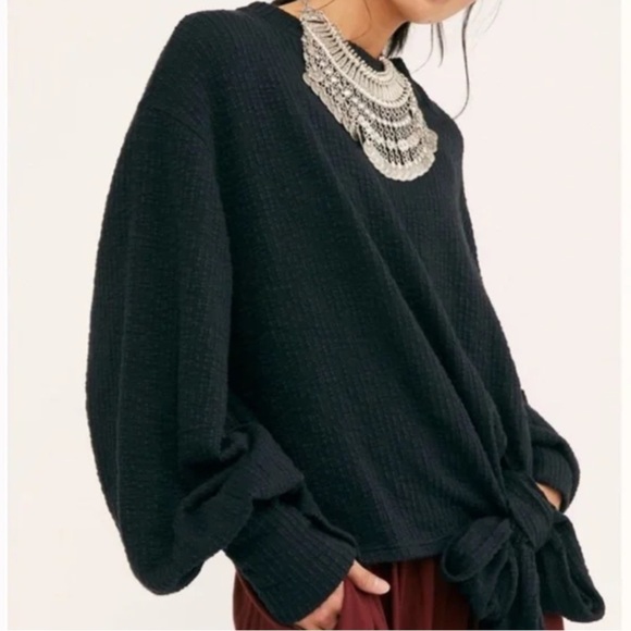 FP Beach S Black Linen Blend Balloon Sleeves Tie Front Gulfport Pullover Sweater - Picture 1 of 13